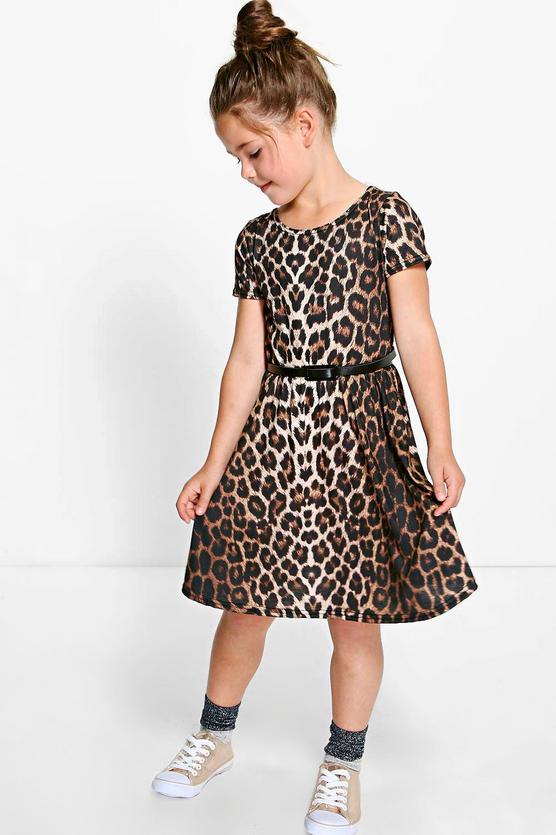 Girls Leopard Print Belted Skater Dress